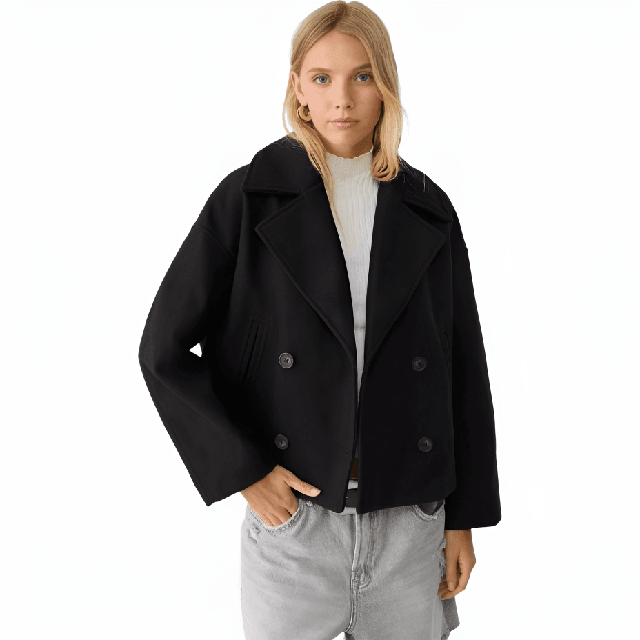 Women’s Cropped Peacoat with Double-Button Front and Notched Lapel