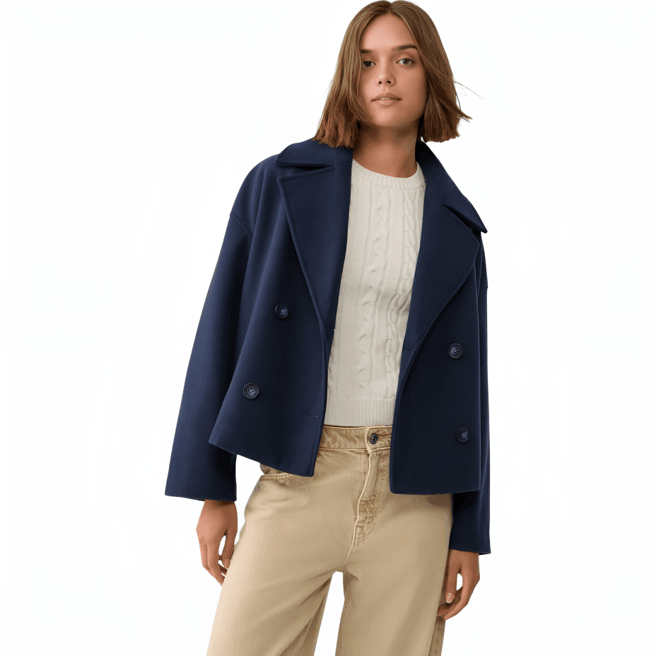Women’s Cropped Peacoat with Double-Button Front and Notched Lapel