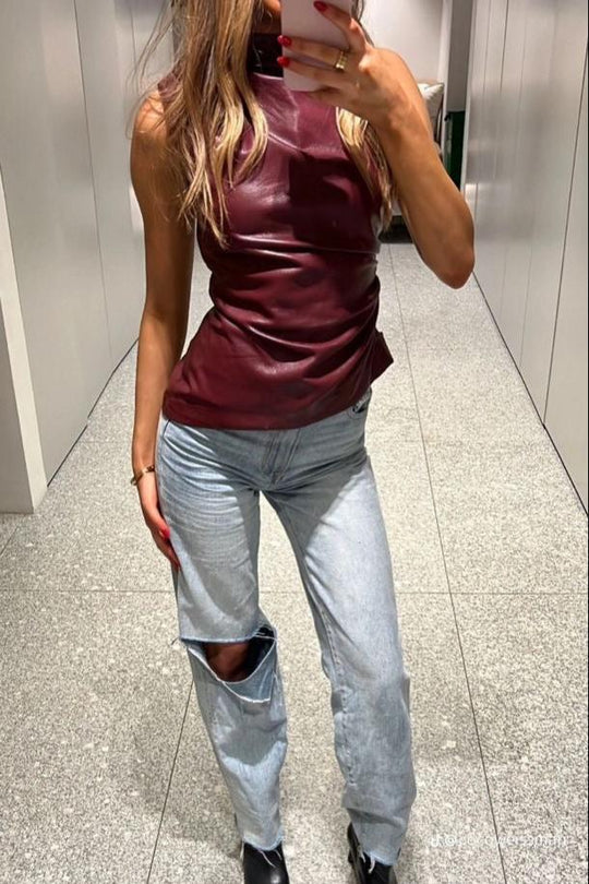 Women's Vegan Leather Top with Fitted Design and Versatile Style