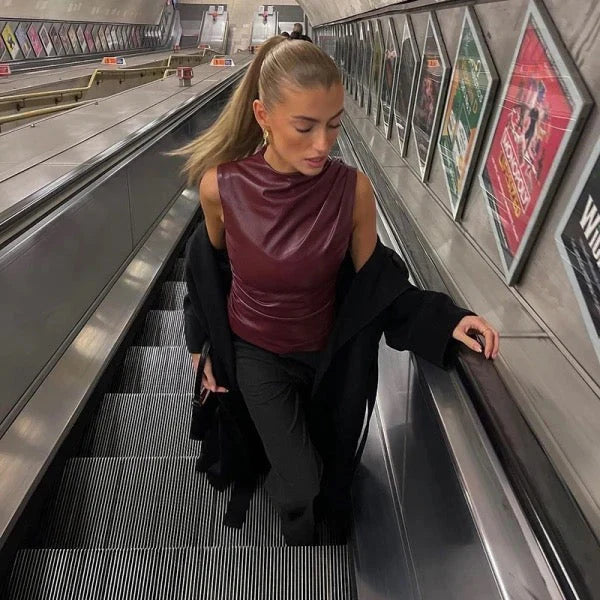 Women's Vegan Leather Top with Fitted Design and Versatile Style
