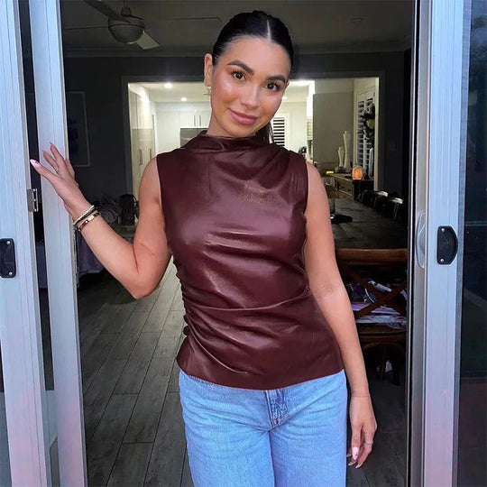 Women's Vegan Leather Top with Fitted Design and Versatile Style