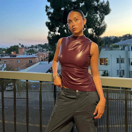Women's Vegan Leather Top with Fitted Design and Versatile Style