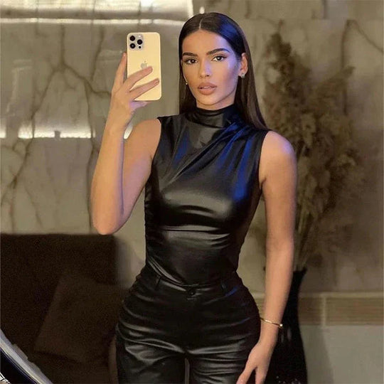 Women's Vegan Leather Top with Fitted Design and Versatile Style
