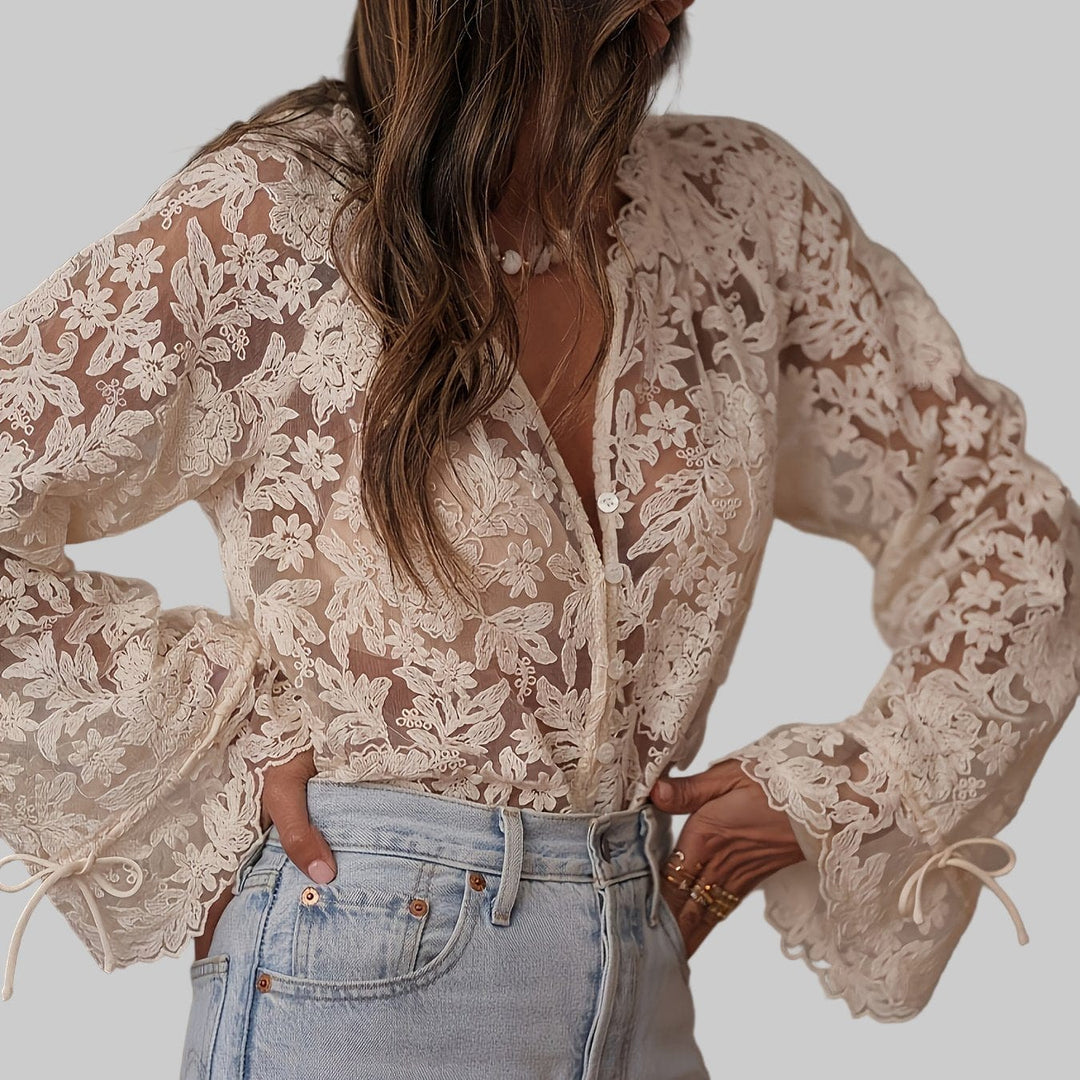 Women's Blouse with Floral Embroidery and V-Neck Design