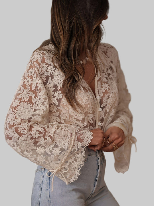 Women's Blouse with Floral Embroidery and V-Neck Design