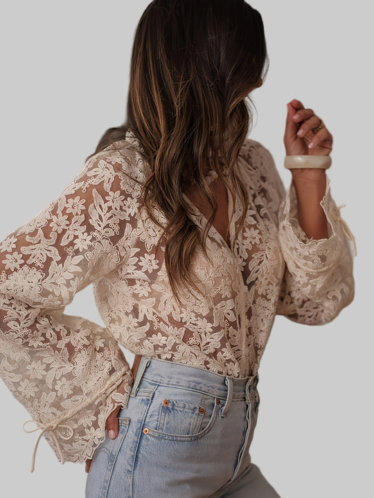 Women's Blouse with Floral Embroidery and V-Neck Design