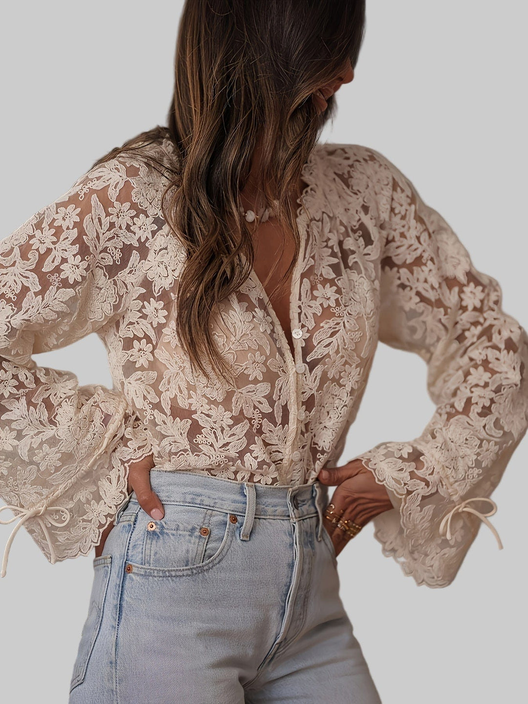 Women's Blouse with Floral Embroidery and V-Neck Design