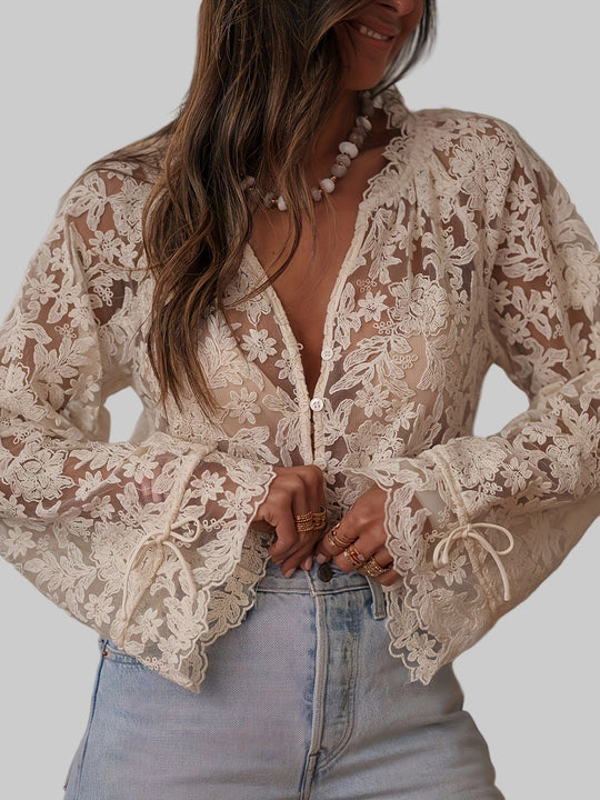 Women's Blouse with Floral Embroidery and V-Neck Design